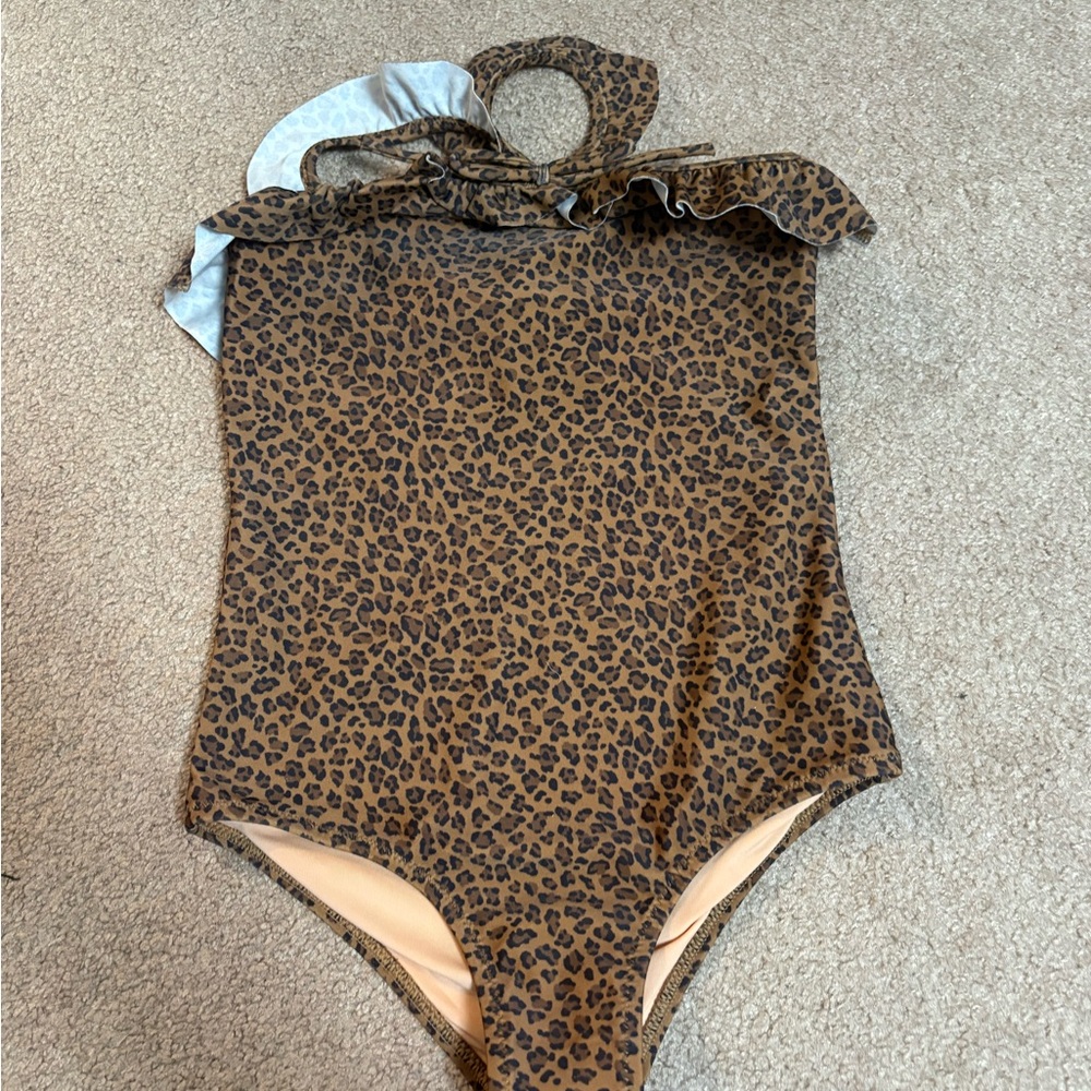 NWT J.Crew Crewcuts Girls' Ruffle Halter-Neck One-Piece Swimsuit- Brown Cheetah - Picture 3 of 7